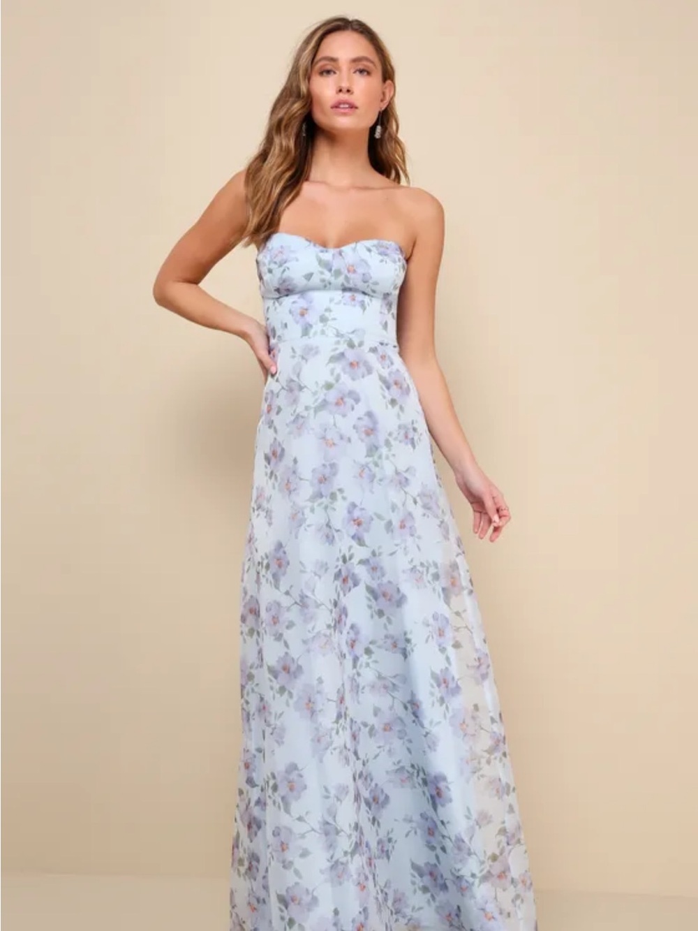 Chic Preciousness Light Blue Floral Organza Bustier Maxi Dress